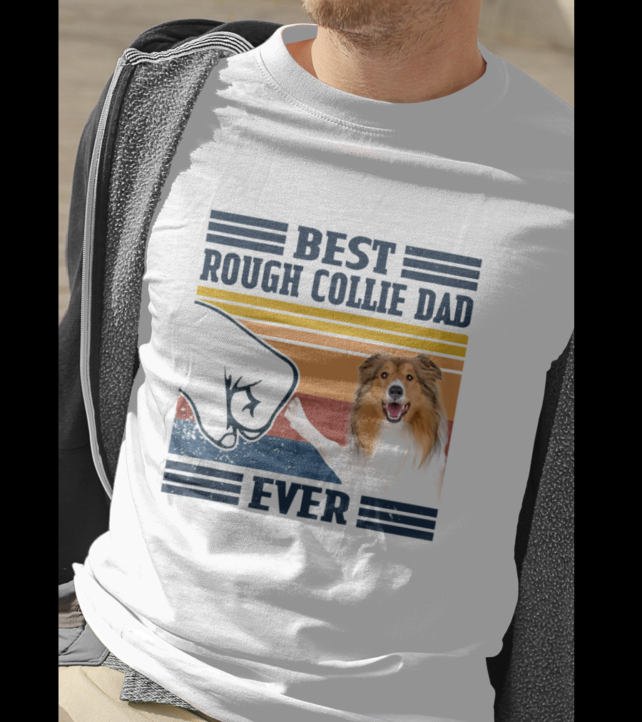 Best Rough Collie Dad Ever Fist Bump Retro Stripes T-Shirt