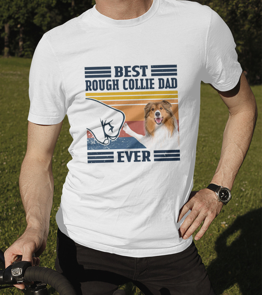 Best Rough Collie Dad Ever Fist Bump Retro Stripes T-Shirt