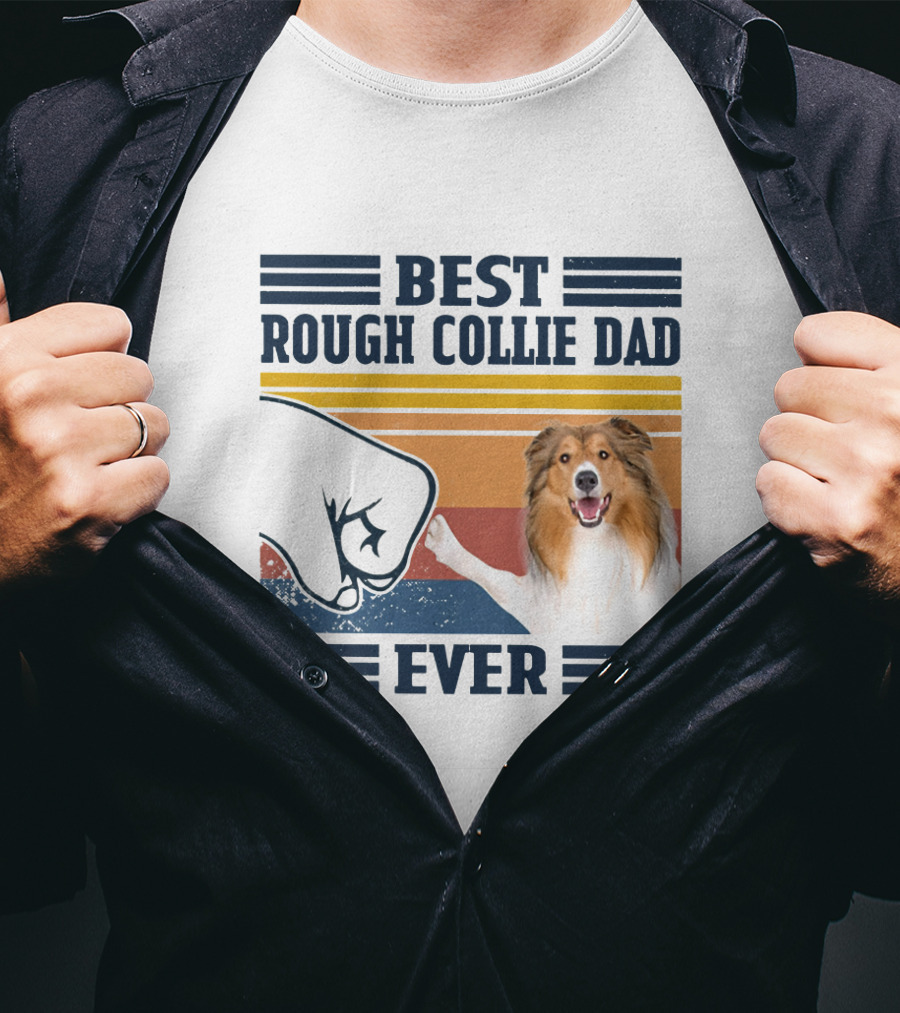 Best Rough Collie Dad Ever Fist Bump Retro Stripes T-Shirt