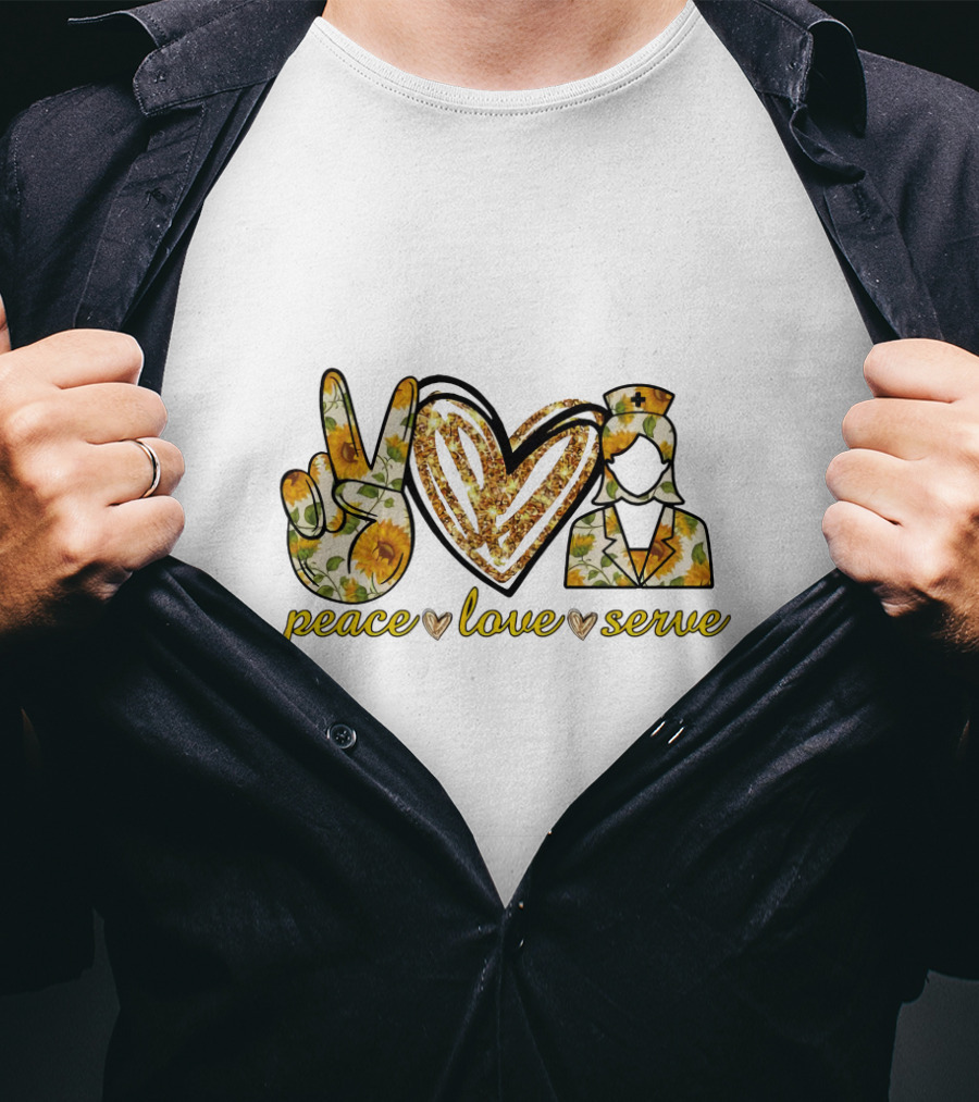 Peace Love Serve Nurse Practitioner Sunflower Heart Peace Sign Nurse Hat T-Shirt