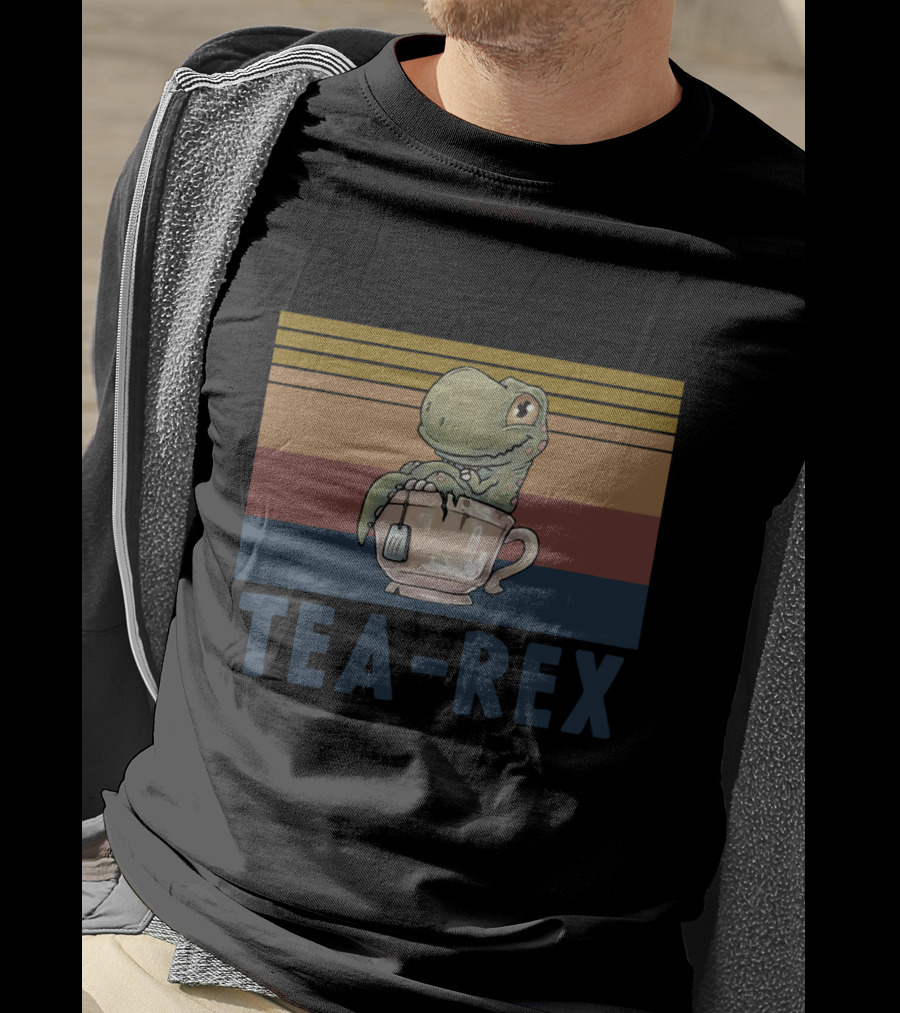 Tea Rex Dinosaur With Retro Sunset Cup T-Shirt
