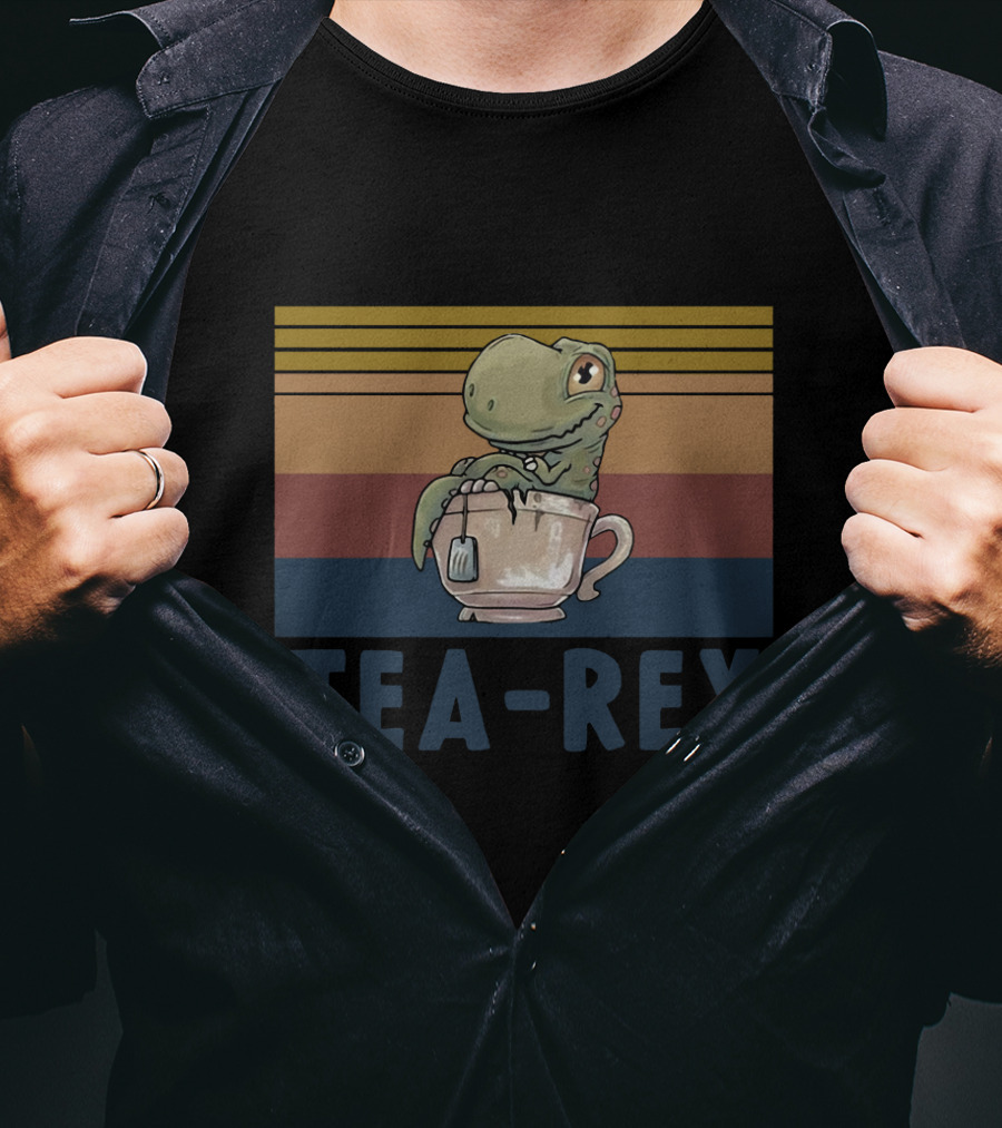 Tea Rex Dinosaur With Retro Sunset Cup T-Shirt