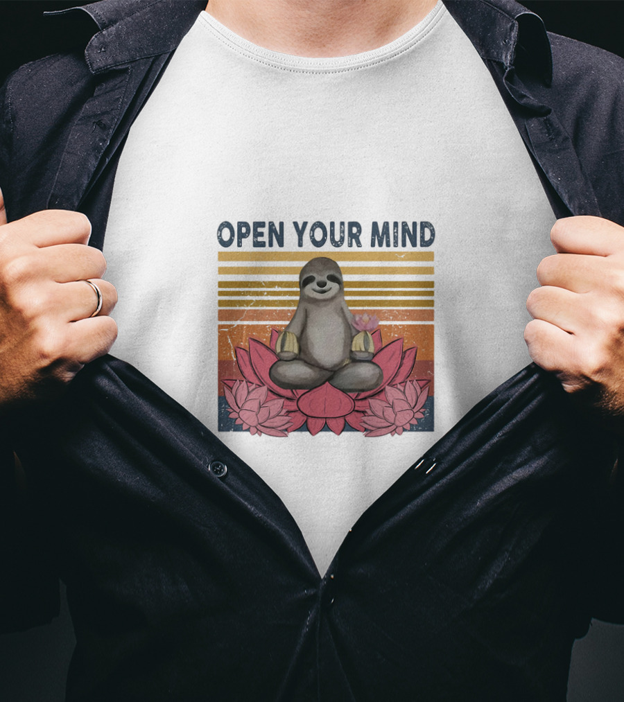 Open Your Mind Yoga Sloth On Lotus With Retro Stripes T-Shirt