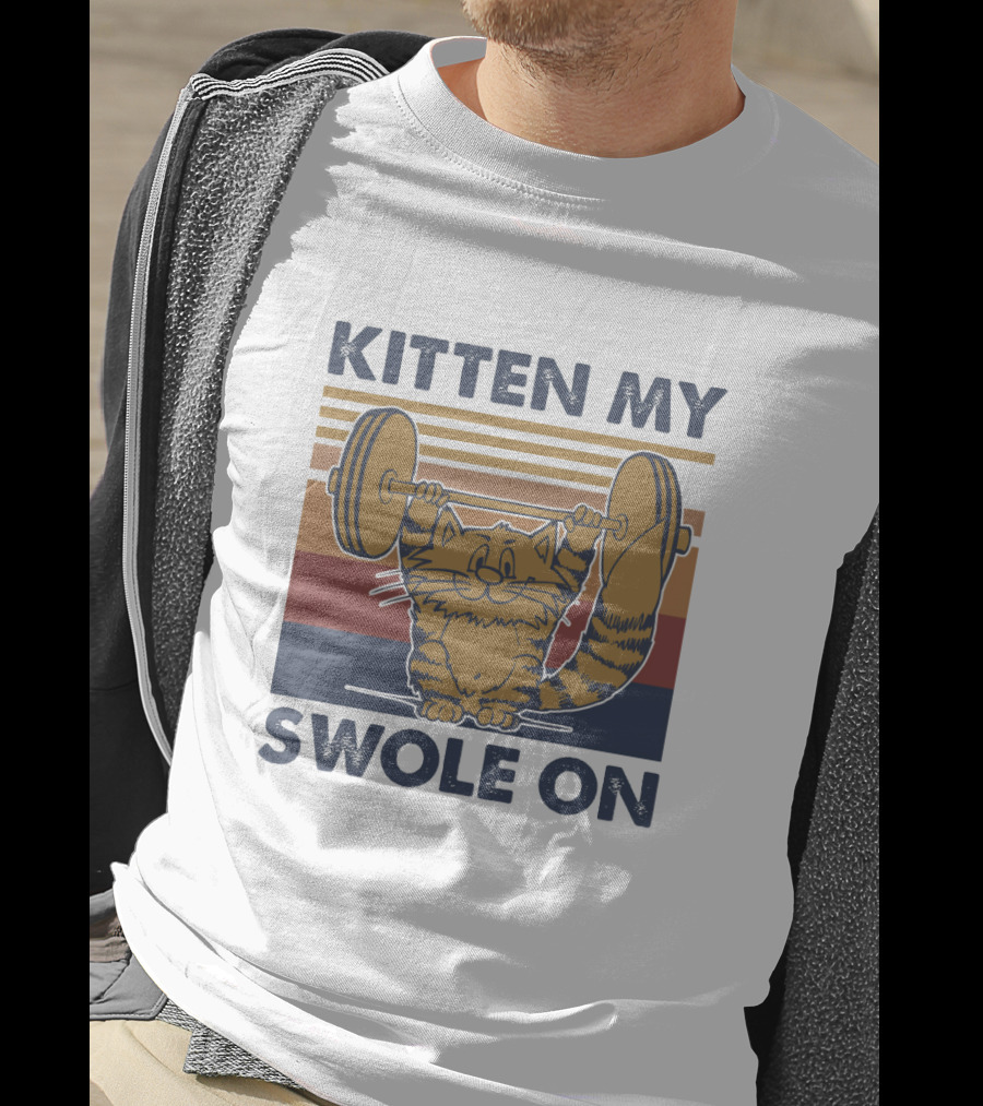 KITTEN MY SWOLE ON Cat Weightlifting Retro Stripes T-Shirt