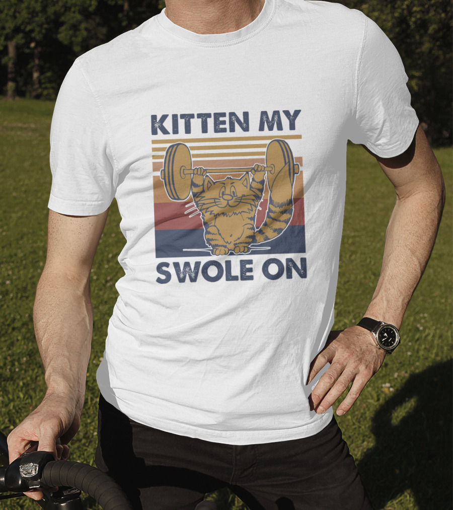 KITTEN MY SWOLE ON Cat Weightlifting Retro Stripes T-Shirt