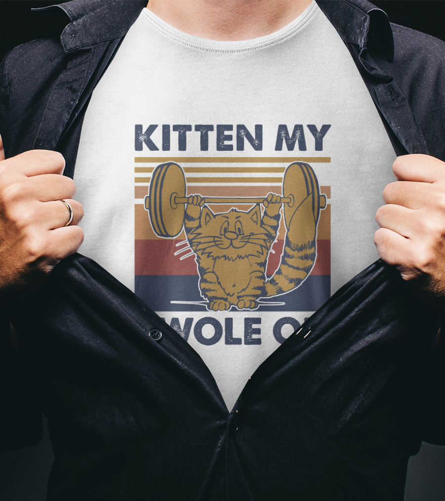 KITTEN MY SWOLE ON Cat Weightlifting Retro Stripes T-Shirt