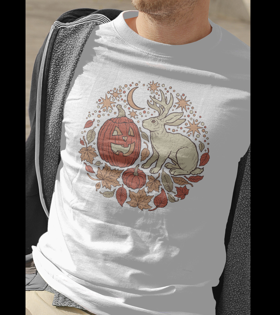 Halloween Friends Autumn Palette Jackalope Pumpkin Moon Stars Leaves T-Shirt