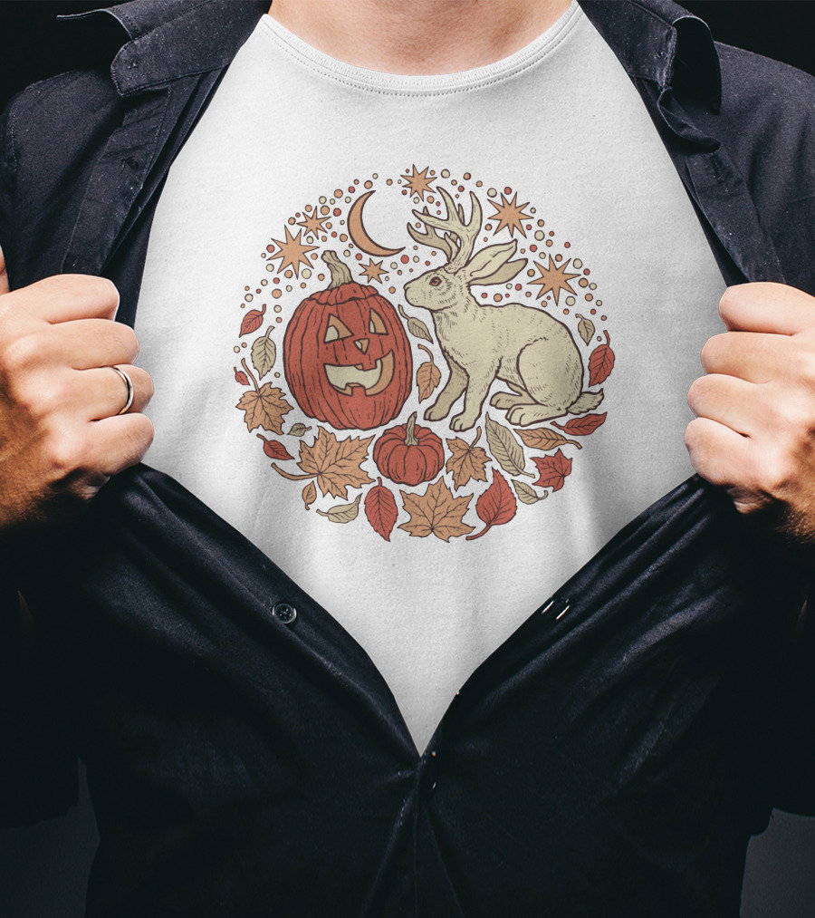 Halloween Friends Autumn Palette Jackalope Pumpkin Moon Stars Leaves T-Shirt