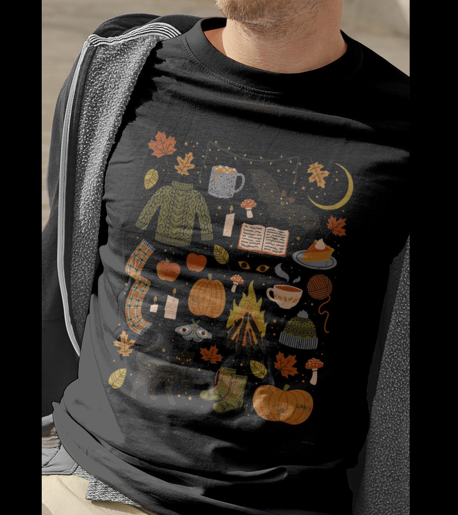 Autumn Nights Cozy Sweater Pumpkin Campfire Black Cat Moonlit Fall Leaves T-Shirt