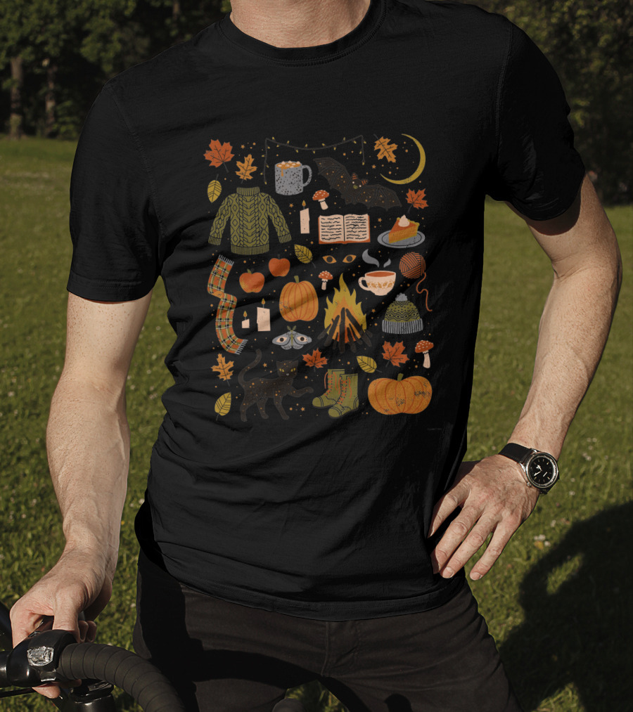 Autumn Nights Cozy Sweater Pumpkin Campfire Black Cat Moonlit Fall Leaves T-Shirt