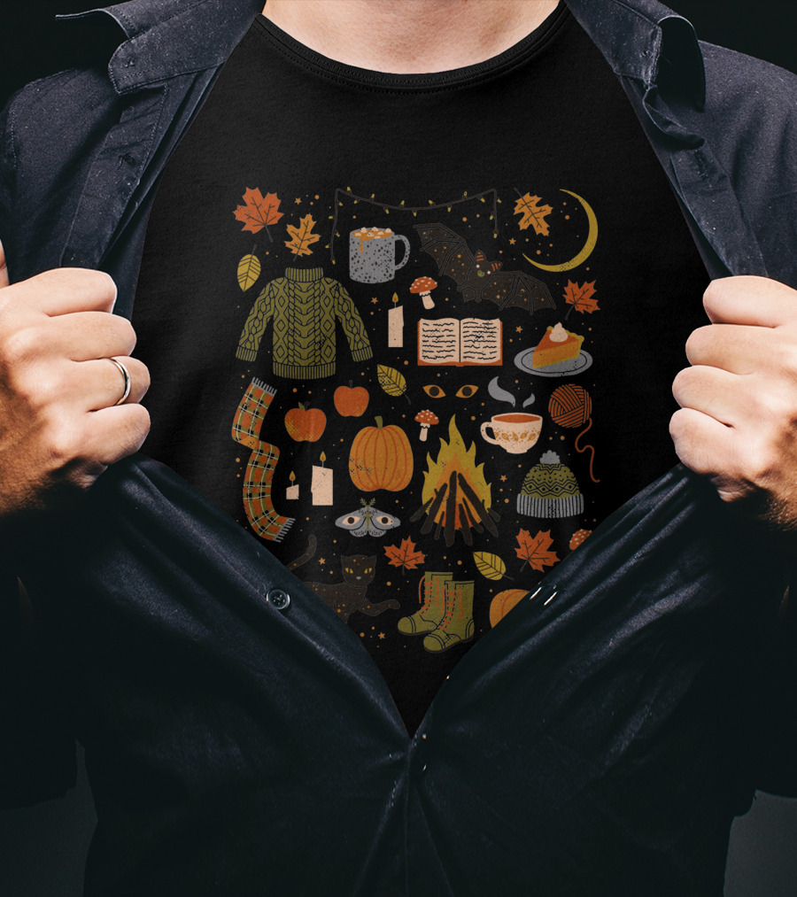Autumn Nights Cozy Sweater Pumpkin Campfire Black Cat Moonlit Fall Leaves T-Shirt