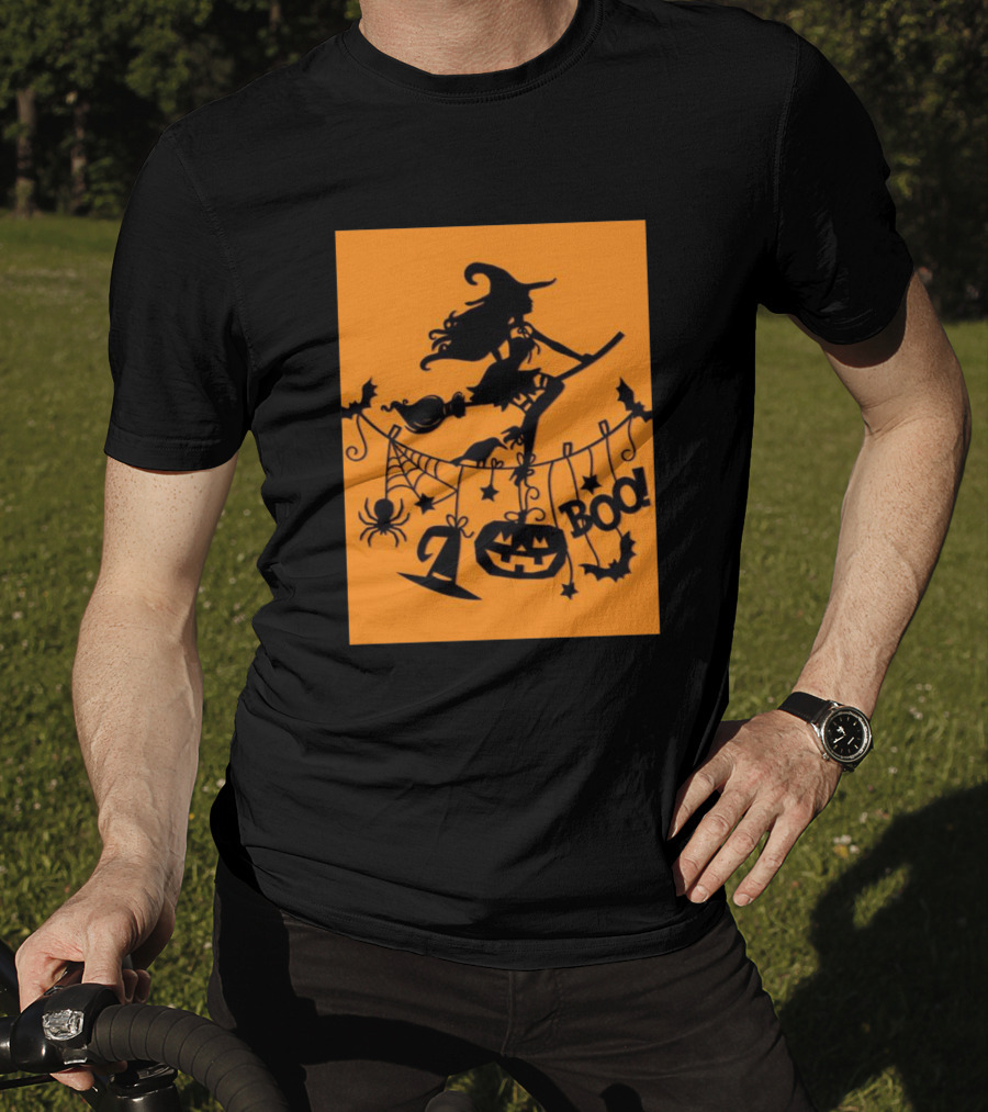 Witch On A Broom Halloween Boo Pumpkin Spider Bat Garland T-Shirt
