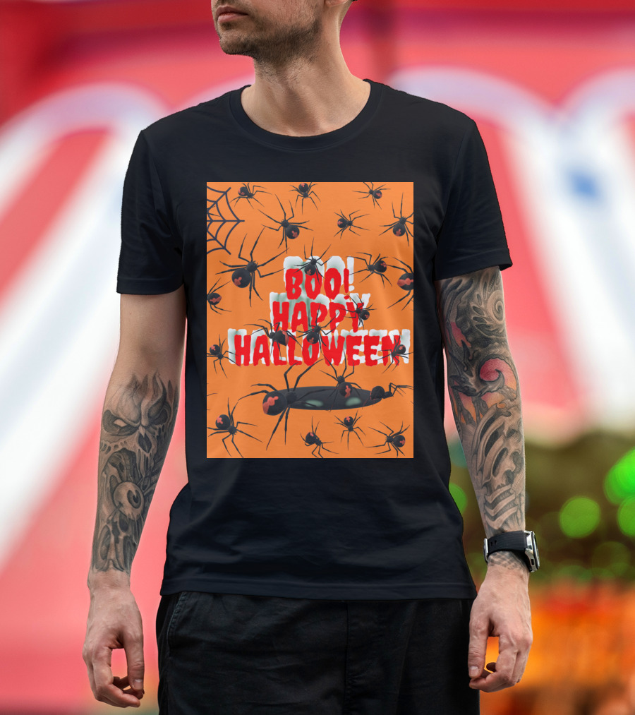 BOO Happy Halloween Spiders Orange Web T-Shirt