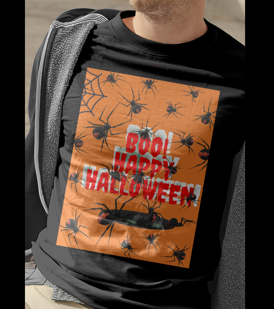 BOO Happy Halloween Spiders Orange Web T-Shirt