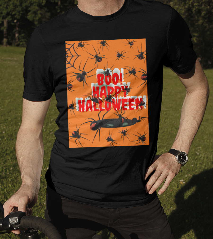 BOO Happy Halloween Spiders Orange Web T-Shirt