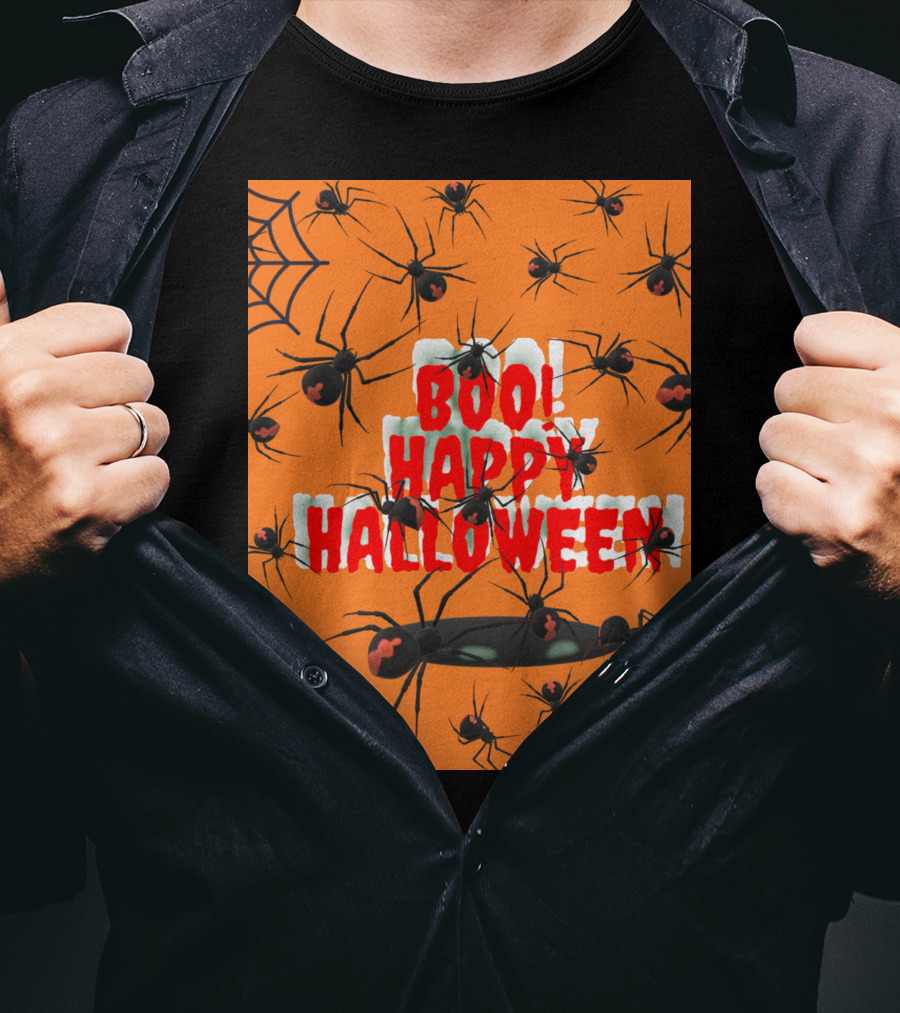 BOO Happy Halloween Spiders Orange Web T-Shirt