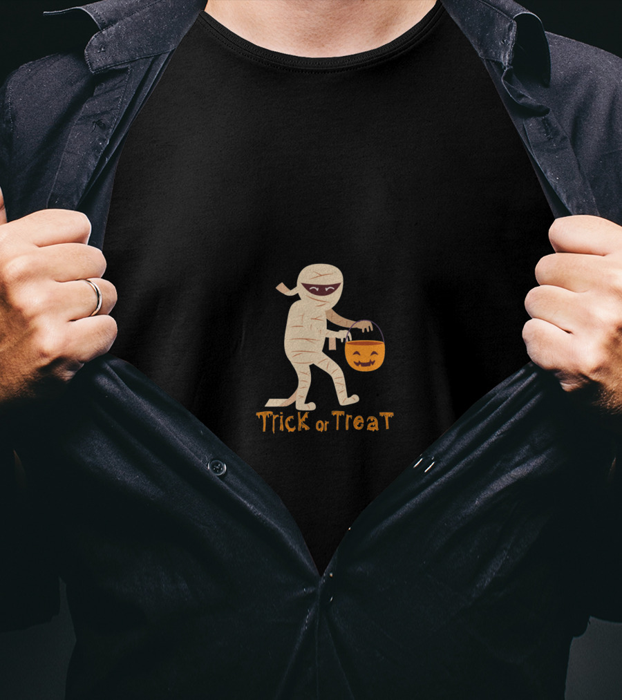 Trick Or Treat Mummy With Pumpkin Bucket T-Shirt