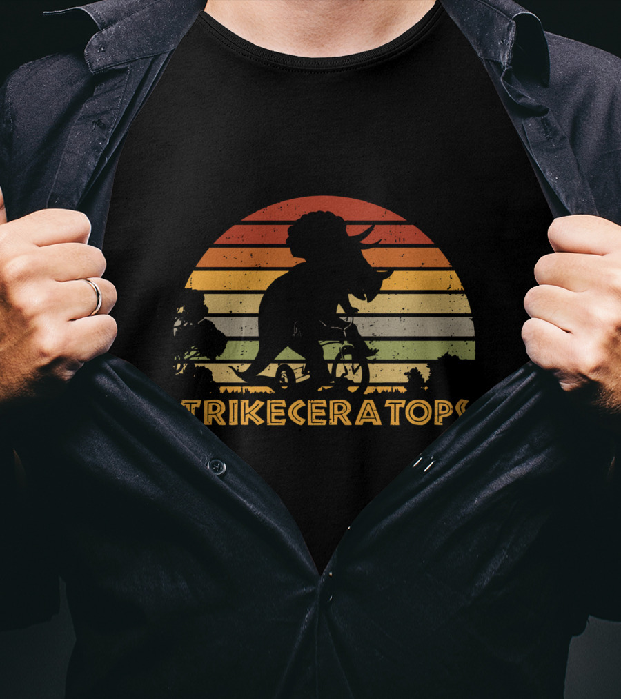 Trikeceratops Dinosaur Cycling Sunset T-Shirt