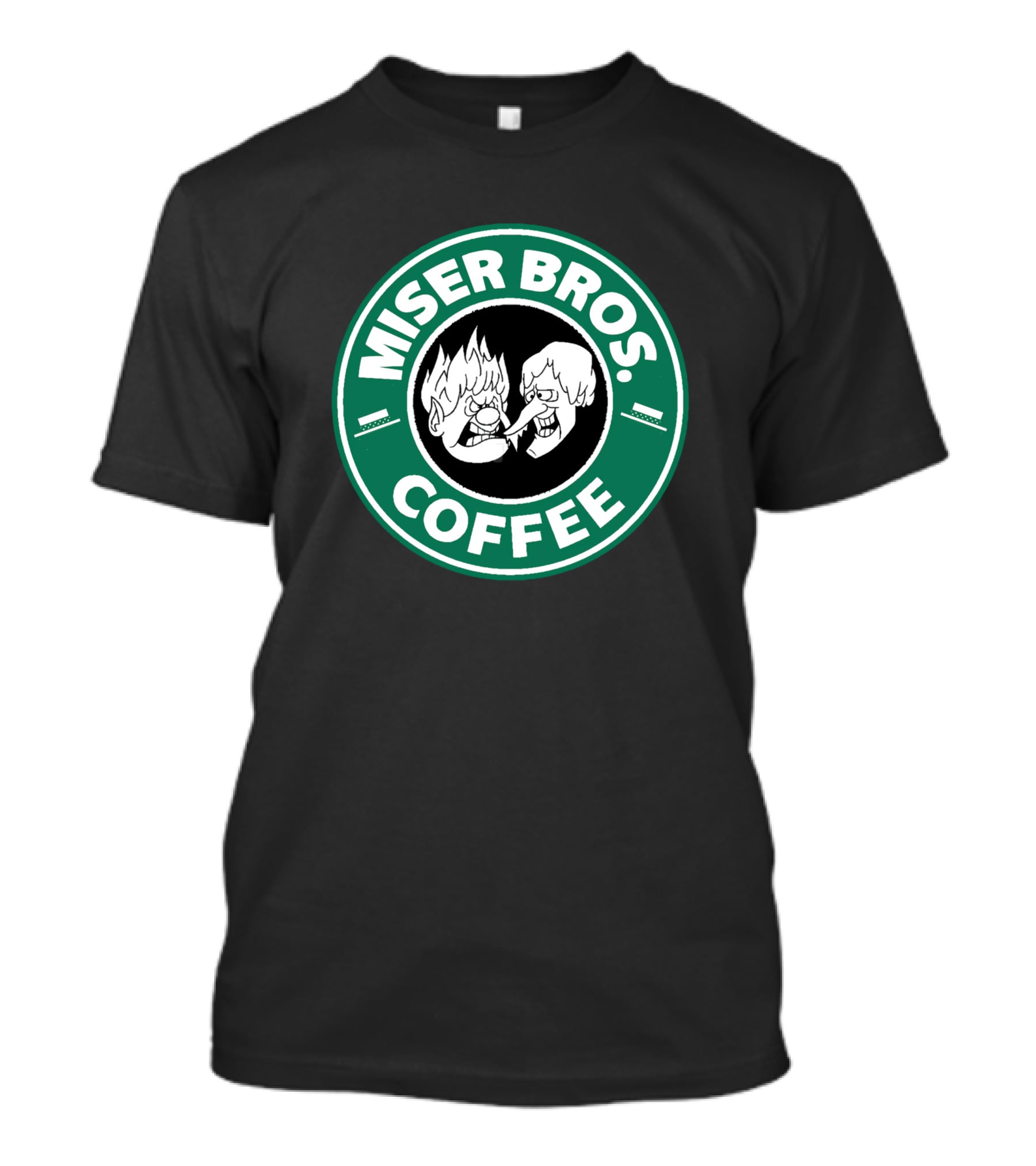 Miser Bros Coffee Logo Parody Starbucks Christmas Cartoon Characters T-Shirt