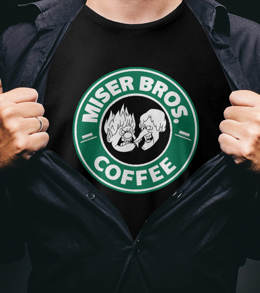 Miser Bros Coffee Logo Parody Starbucks Christmas Cartoon Characters T-Shirt