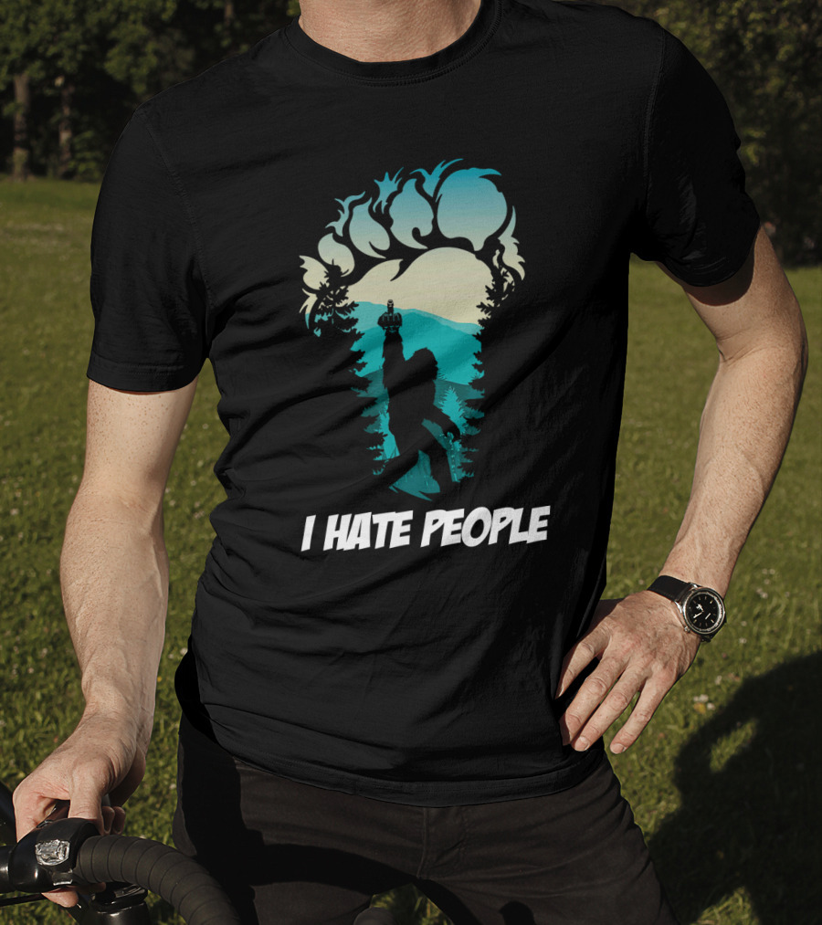 I Hate People Bigfoot Silhouette Footprint Forest Scene T-Shirt