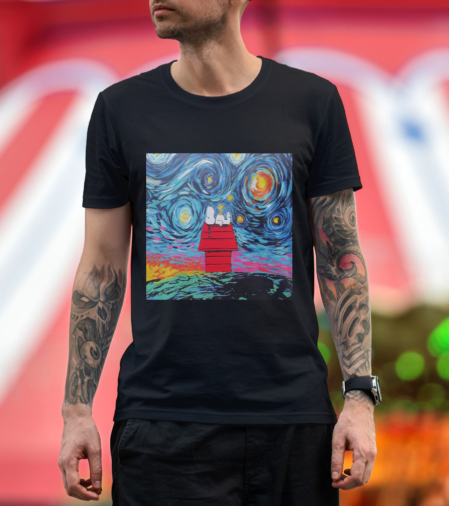 Snoopy and Woodstock on the Doghouse Under a Starry Night T-Shirt