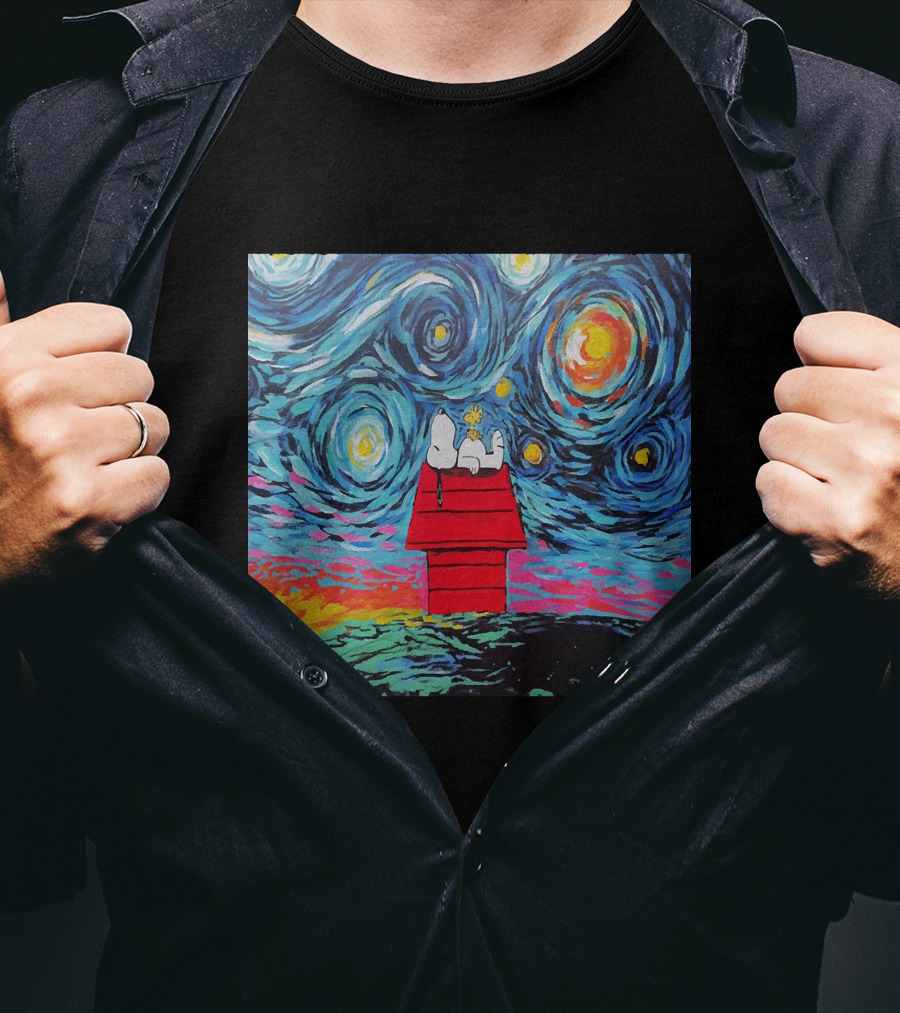 Snoopy And Woodstock On The Doghouse Under A Starry Night T-Shirt