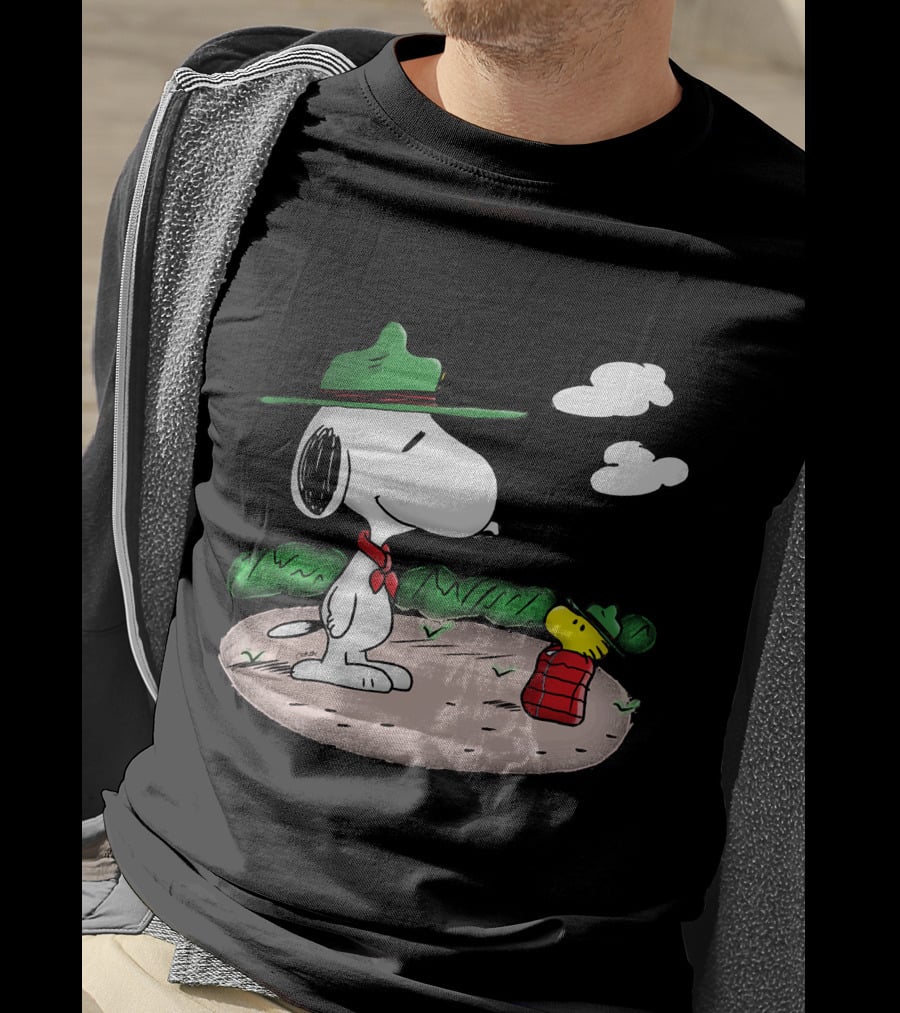 Snoopy Woodstock Camping Adventure With Green Hats And Red Scarf T-Shirt
