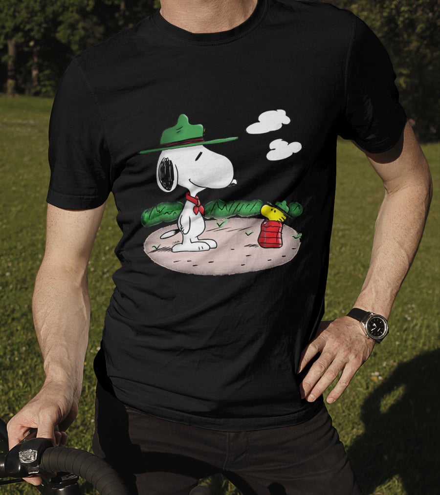 Snoopy Woodstock Camping Adventure With Green Hats And Red Scarf T-Shirt