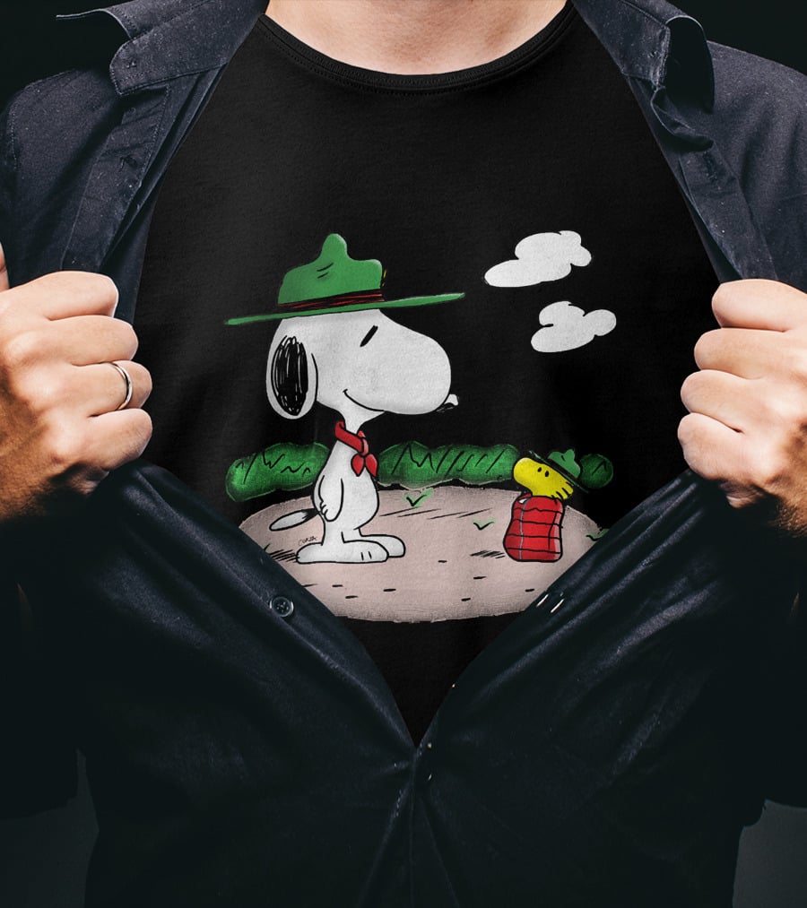 Snoopy Woodstock Camping Adventure With Green Hats And Red Scarf T-Shirt