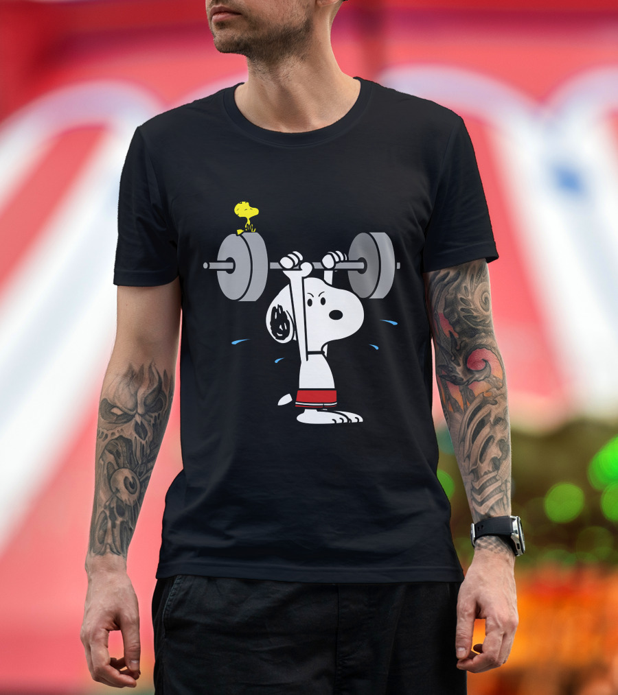 Snoopy Weightlifting with Woodstock on Barbell T-Shirt