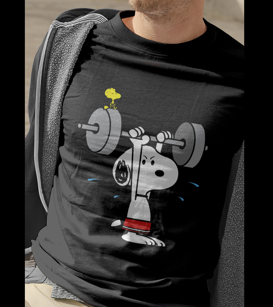 Snoopy Weightlifting With Woodstock On Barbell T-Shirt