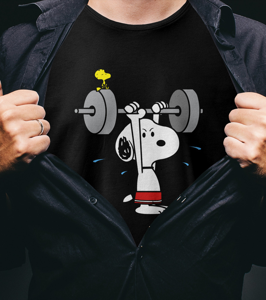 Snoopy Weightlifting With Woodstock On Barbell T-Shirt