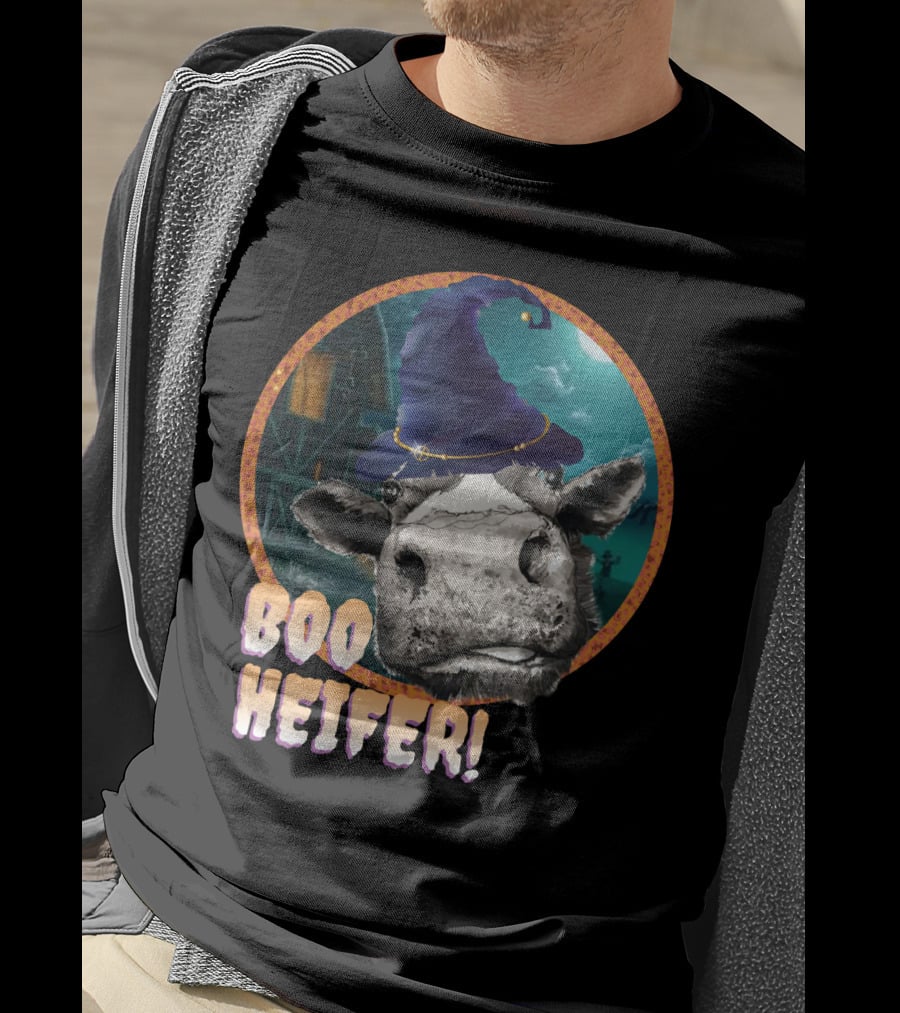 Boo Heifer Funny Halloween Cow Witch Farmer Lady With Hat And Farm Background T-Shirt