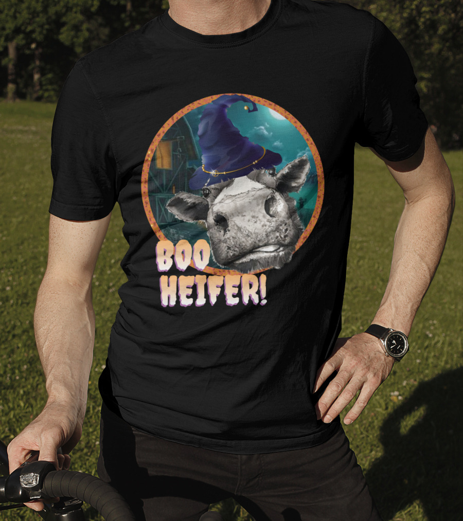 Boo Heifer Funny Halloween Cow Witch Farmer Lady With Hat And Farm Background T-Shirt