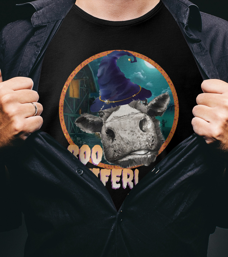 Boo Heifer Funny Halloween Cow Witch Farmer Lady With Hat And Farm Background T-Shirt
