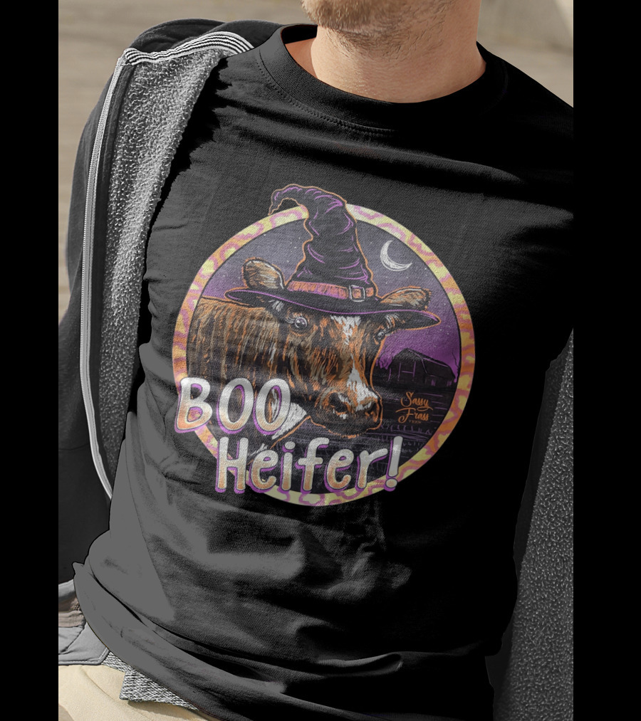 Boo Heifer Funny Halloween Witch Cow With Moon And Barn Scene T-Shirt