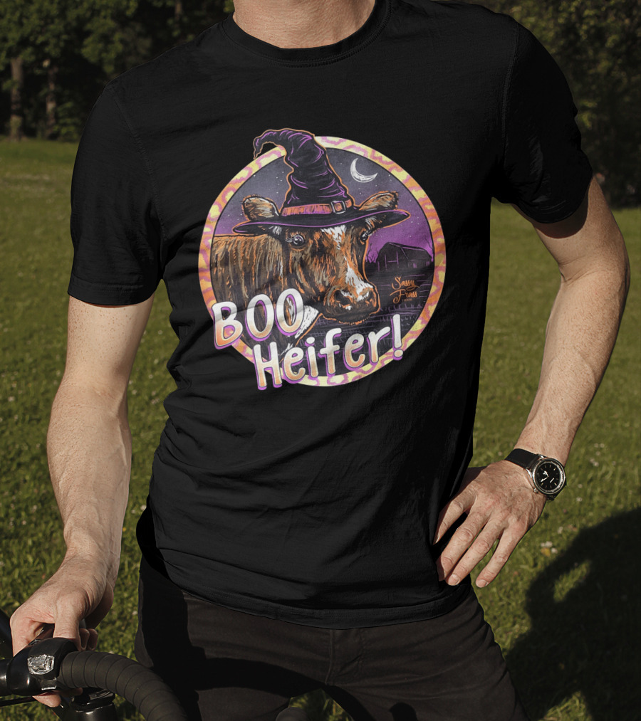 Boo Heifer Funny Halloween Witch Cow With Moon And Barn Scene T-Shirt