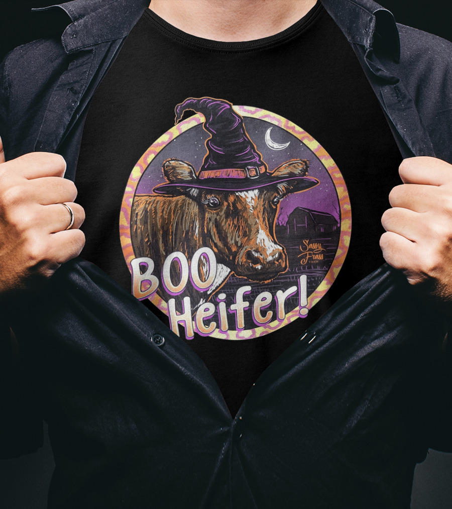 Boo Heifer Funny Halloween Witch Cow With Moon And Barn Scene T-Shirt