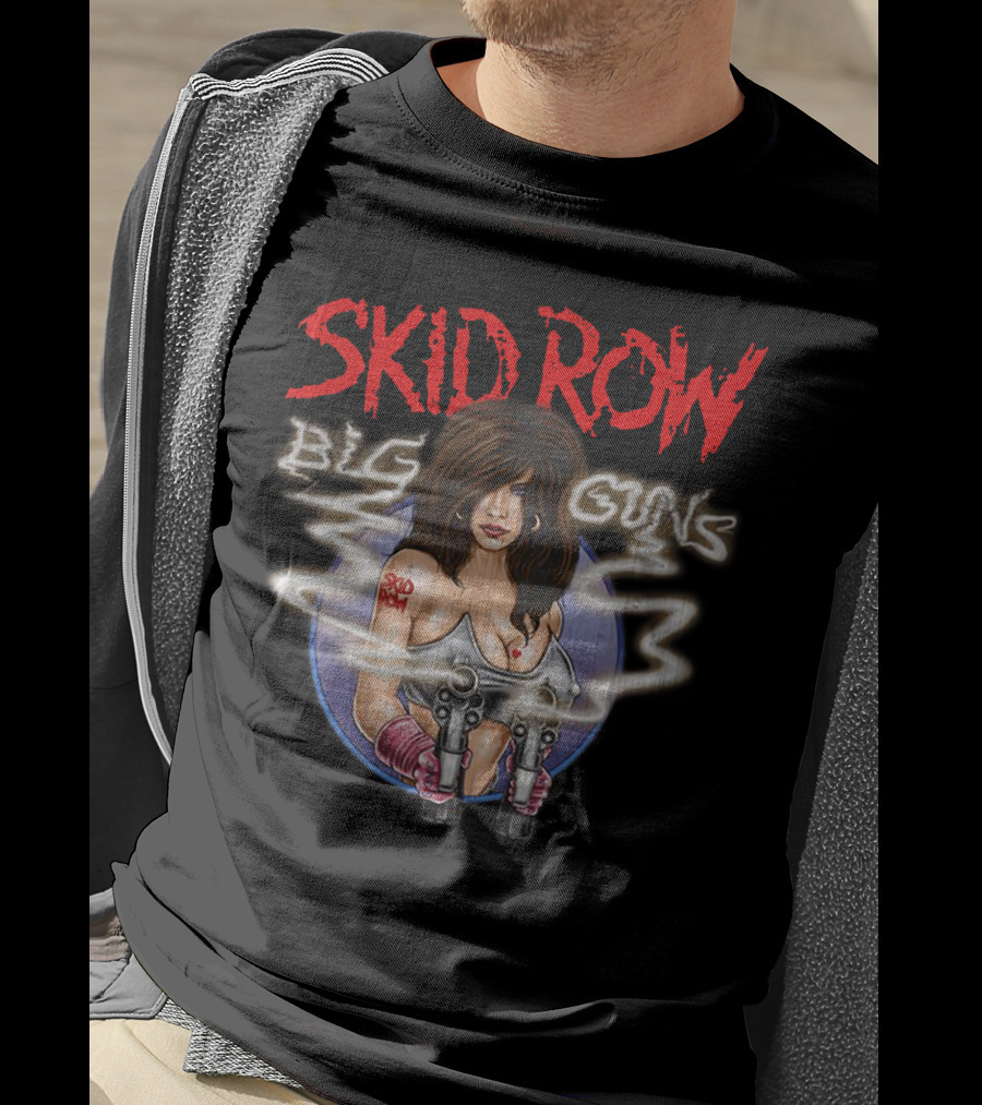 Skid Row Big Guns Heavy Metal Fan Art With Smoking Pistols Motif T-Shirt