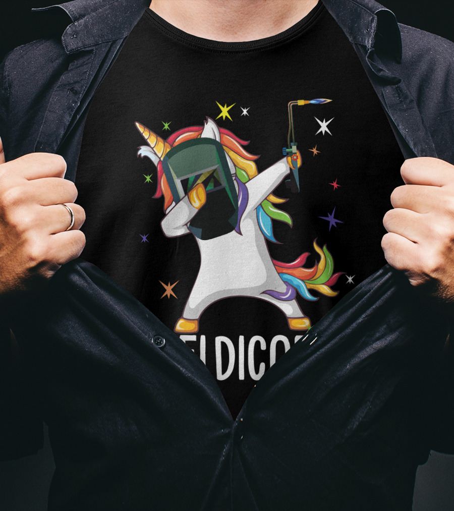 Weldicorn Funny Welder Unicorn Dabbing With Rainbow Mane And Welding Torch T-Shirt