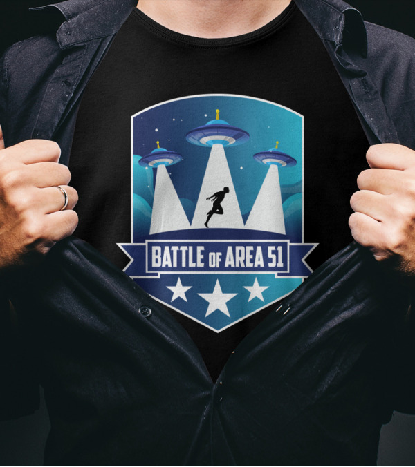 Battle Of Area 51 UFOs Funny Ninja Running Under Spaceship Lights T-Shirt