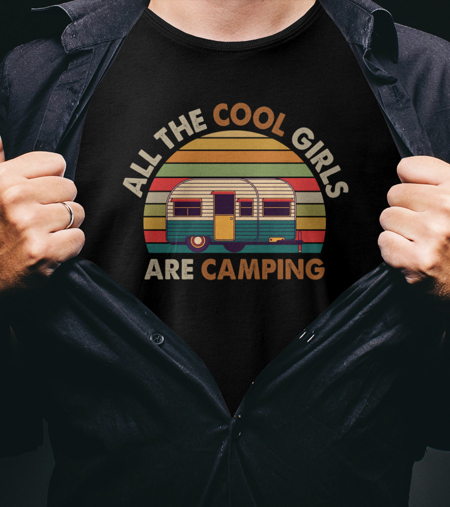 Retro Camper Design With All The Cool Girls Are Camping Vintage Stripe T-Shirt