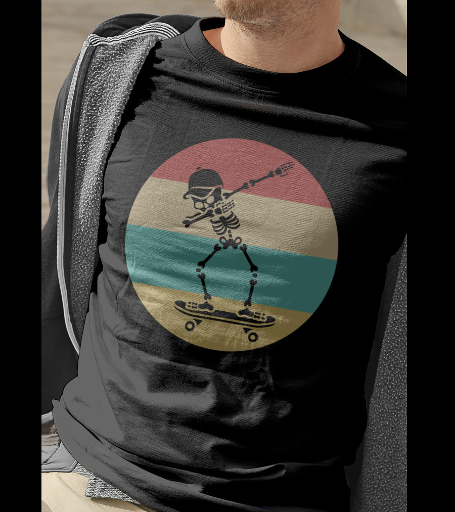 Dabbing Skeleton Skateboarder Retro Stripes Vintage Sunset T-Shirt