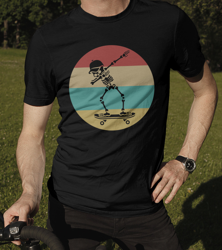 Dabbing Skeleton Skateboarder Retro Stripes Vintage Sunset T-Shirt