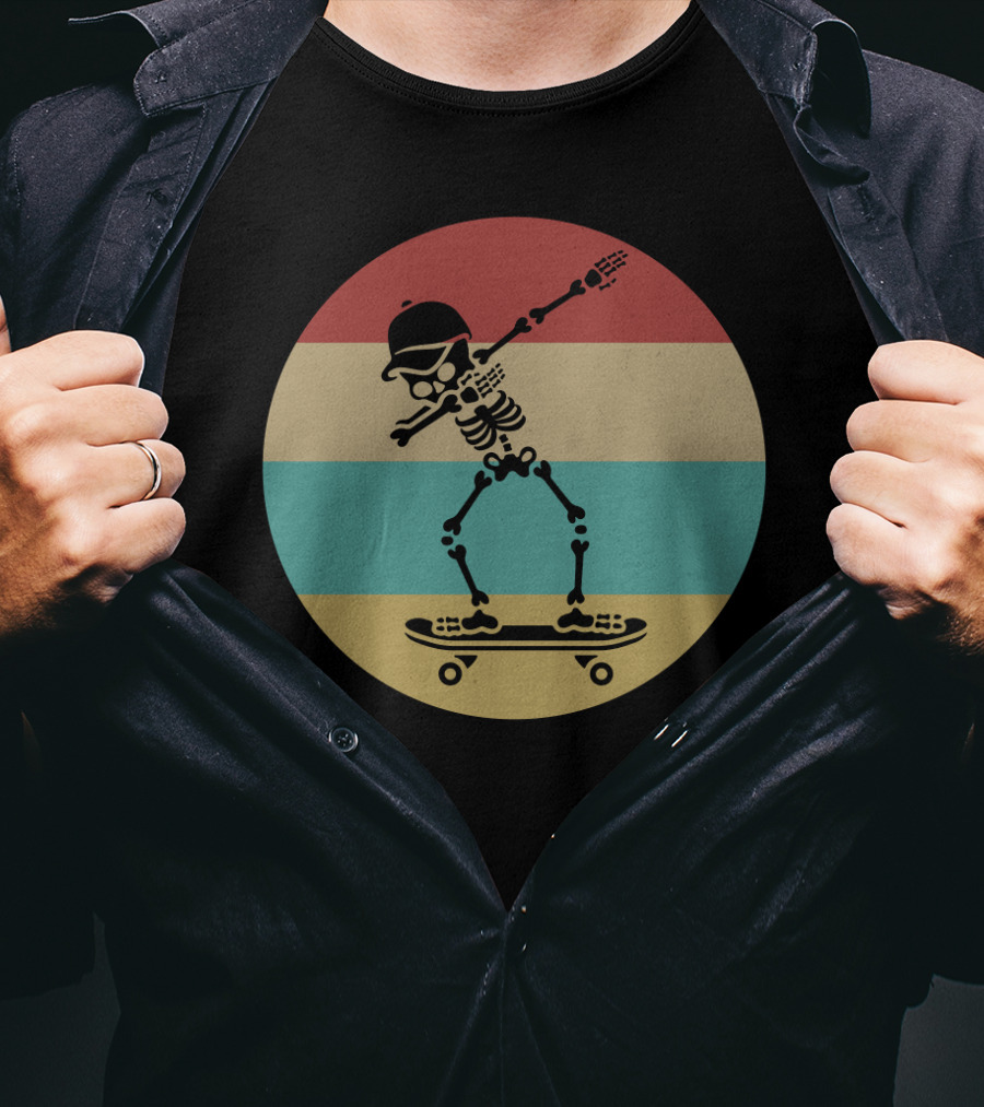 Dabbing Skeleton Skateboarder Retro Stripes Vintage Sunset T-Shirt