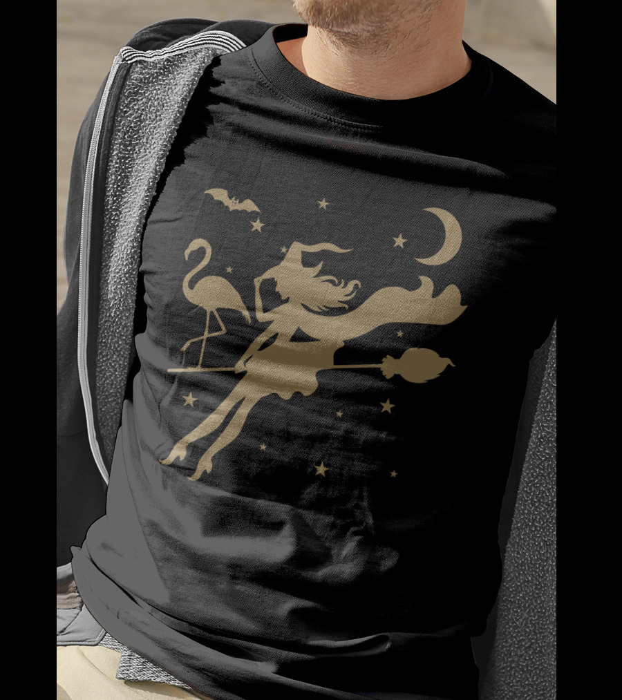 Halloween Witch Flying On A Broomstick With Flamingo Under Moon And Stars T-Shirt