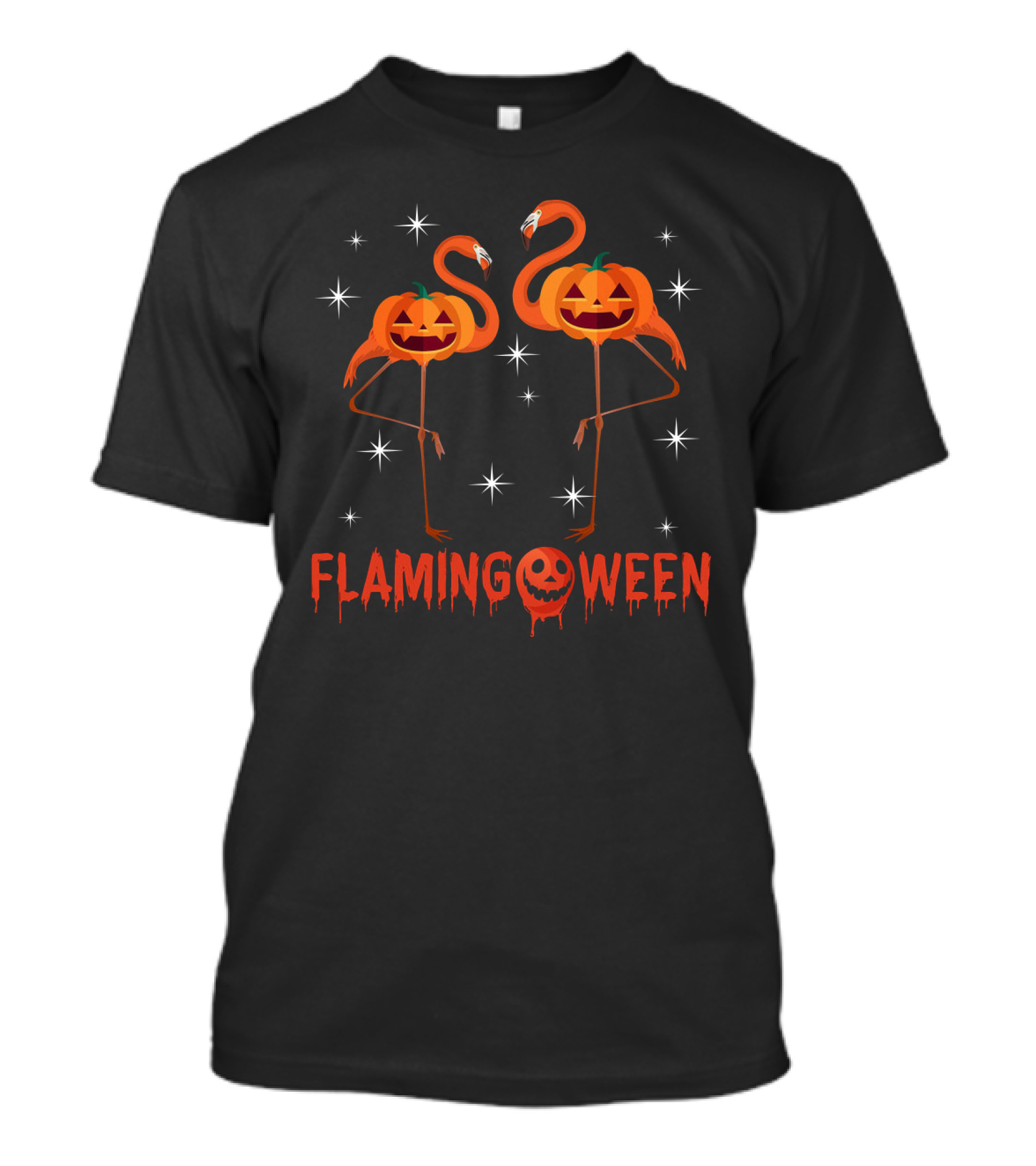 Flamingoween Funny Flamingos With Pumpkin Heads And Stars T-Shirt