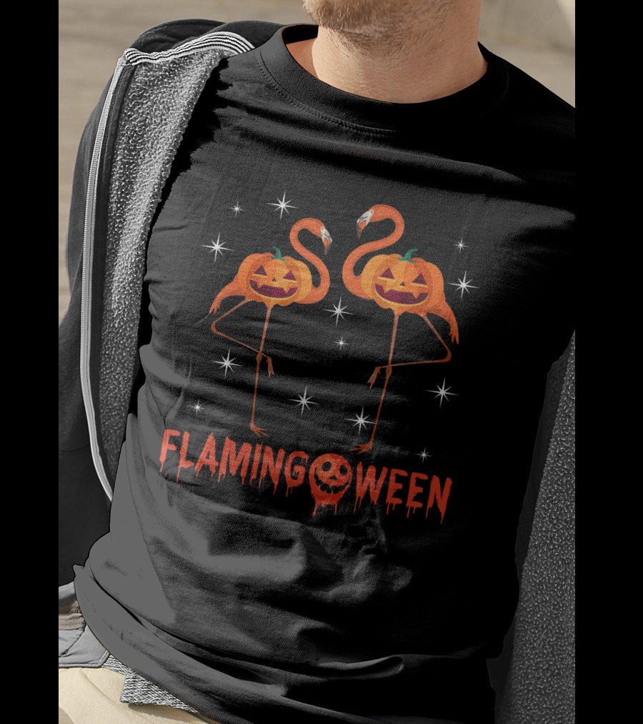 Flamingoween Funny Flamingos With Pumpkin Heads And Stars T-Shirt