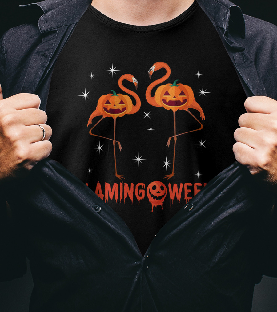 Flamingoween Funny Flamingos With Pumpkin Heads And Stars T-Shirt